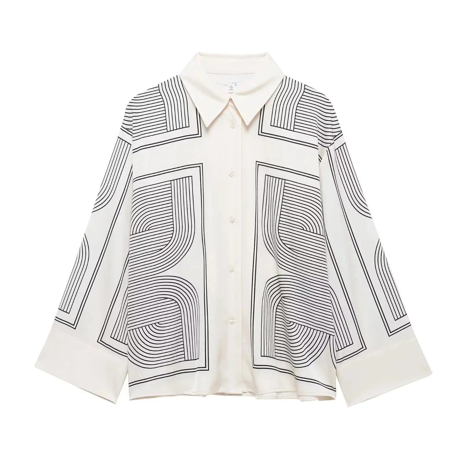 Stylish Women's Suit Set with Long Sleeve Shirt and Wide Leg Pants in Creamy Base and Geometric Patterns