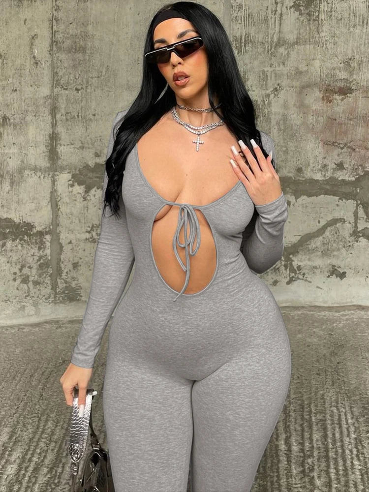 Solid V Neck Long Sleeve Hollow Out Lace Up Sexy Bodycon Jumpsuit Women's Fashion Streetwear Sporty Romper Overalls for Fall