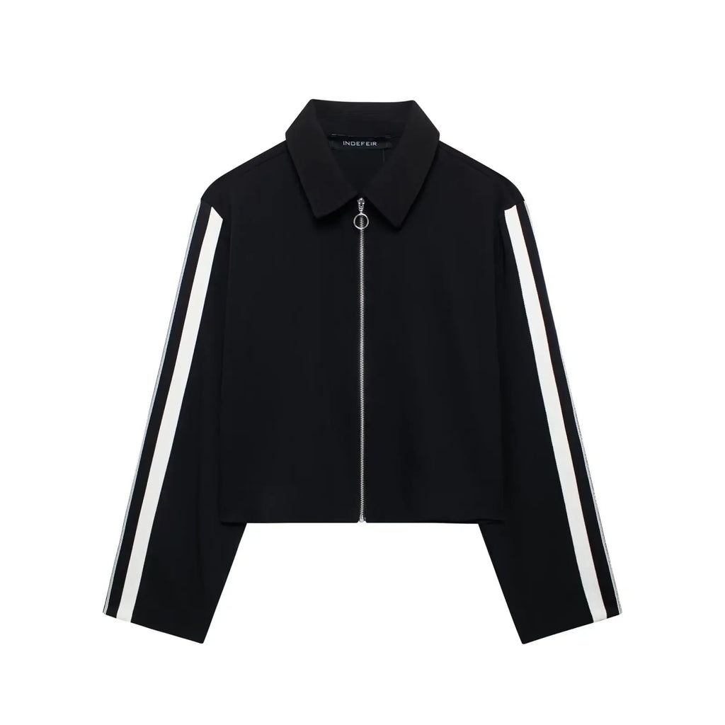 Women Casual Sports Suit with Side Stripe Long Sleeve Zipper Jacket and Wide Leg Pants