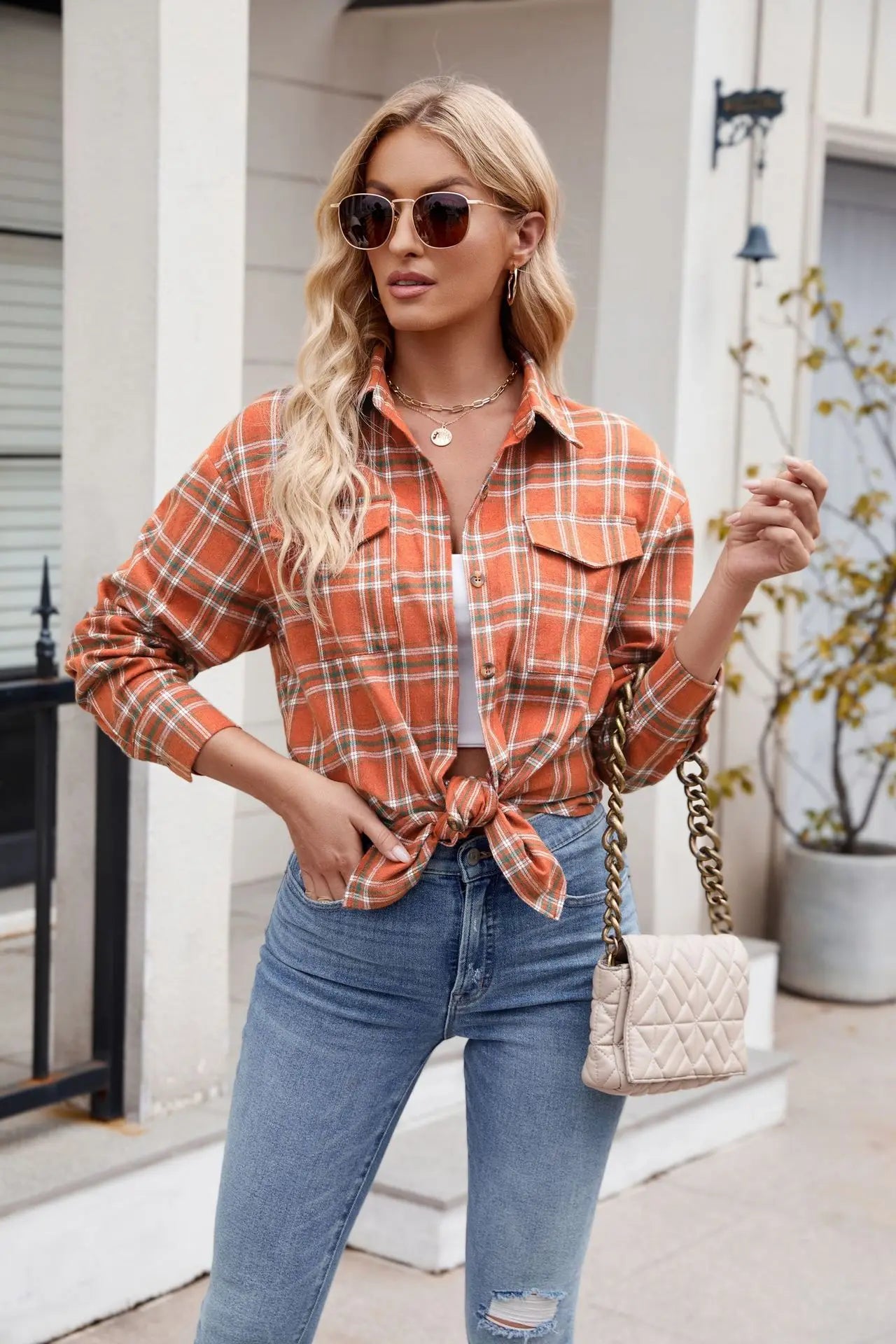 Women Plaid Button Up Shirt Loose Fit Warm Long Sleeve Casual Blouse with Pockets Autumn Winter Checkered Top Preppy Y2K Harajuku Style