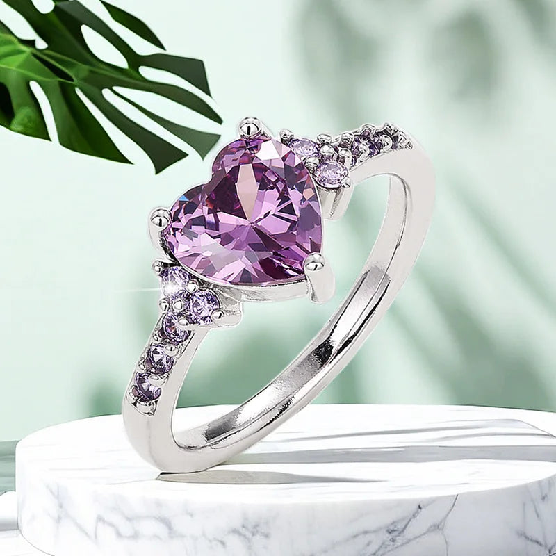 Purple Heart Cubic Zirconia Engagement Ring for Women Unique Wedding Jewelry Romantic Gift
