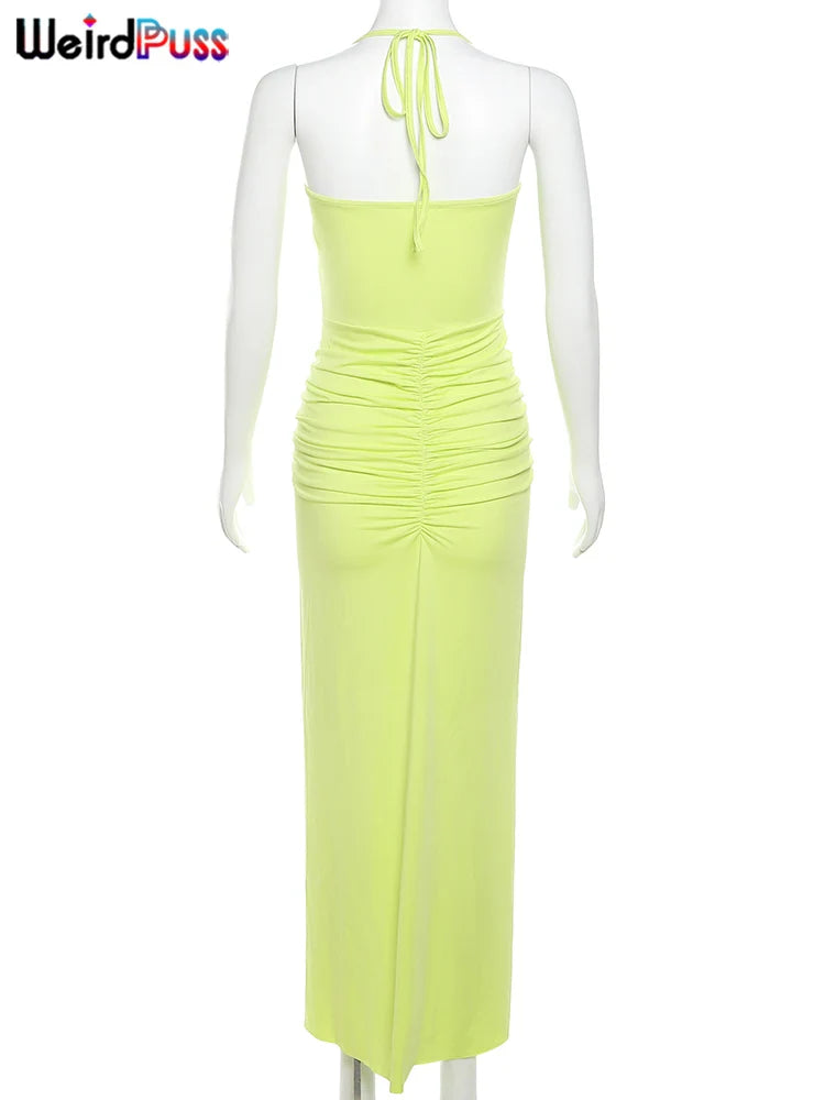 Peach Halter Backless Bodycon Dress With Tassel Ruched