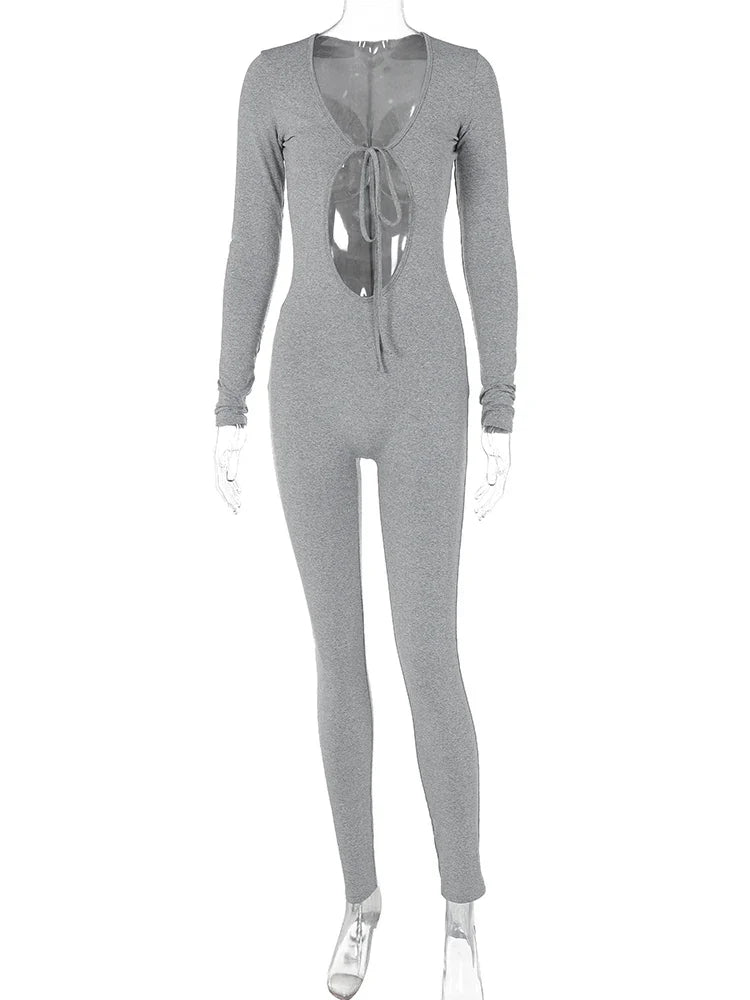 Solid V Neck Long Sleeve Hollow Out Lace Up Sexy Bodycon Jumpsuit Women's Fashion Streetwear Sporty Romper Overalls for Fall