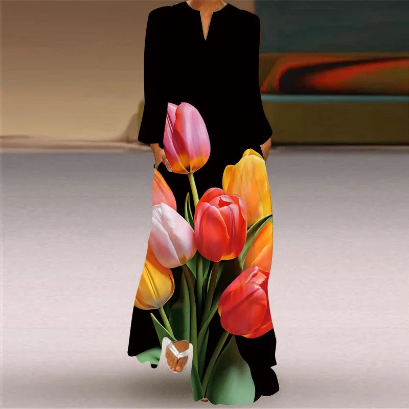 Printed V Neck Long Sleeve Dress With Large Pockets