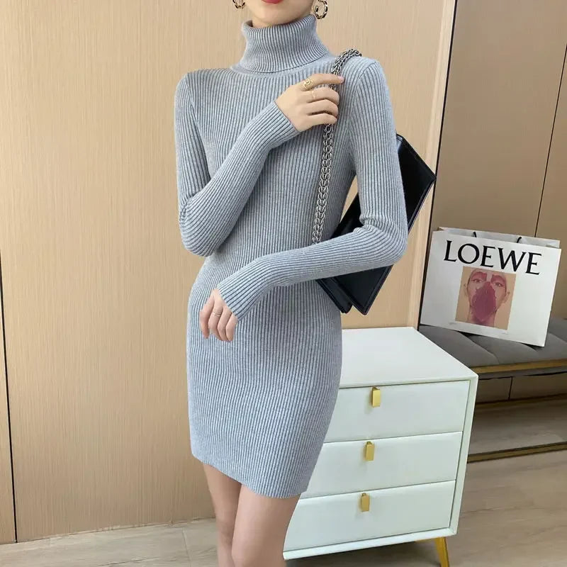 Korean Turtleneck Sweater Dress Bodycon Knit For Office
