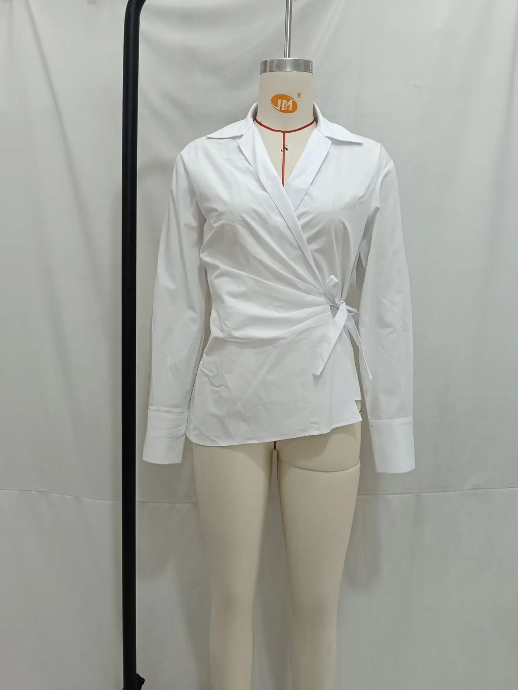 Women's Summer Lapel Poplin Shirt Long Sleeve Slim Fit Bow Tie Wrap Solid Color Blouse