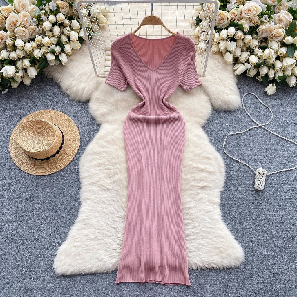 Summer Knit Bodycon Solid Dress for Women Short Sleeve Maxi