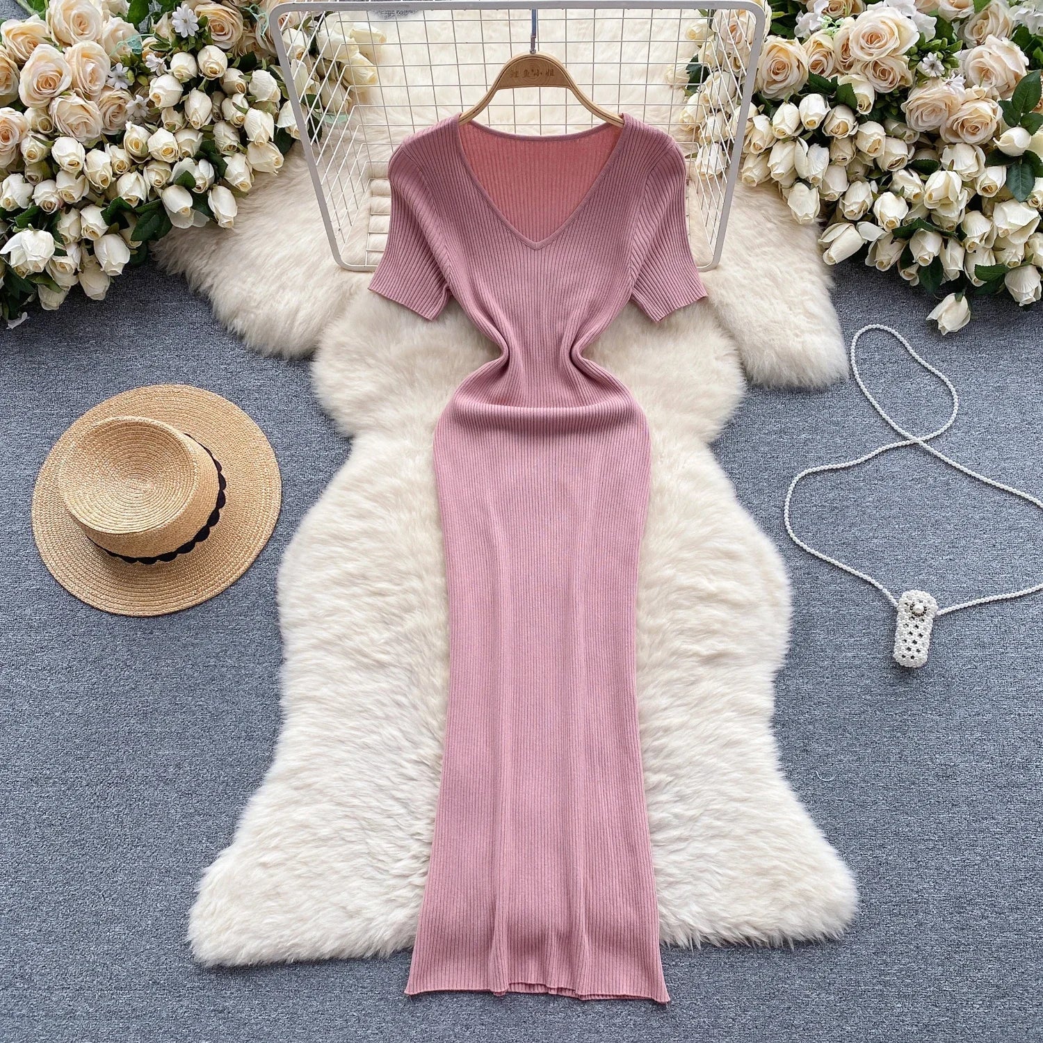 Summer Knit Bodycon Solid Dress for Women Short Sleeve Maxi