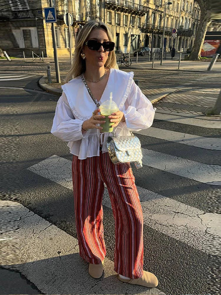 Women's Sweet Solid White Blouse with Front Bow Lace-Up Long Sleeves Elegant Casual Summer Top