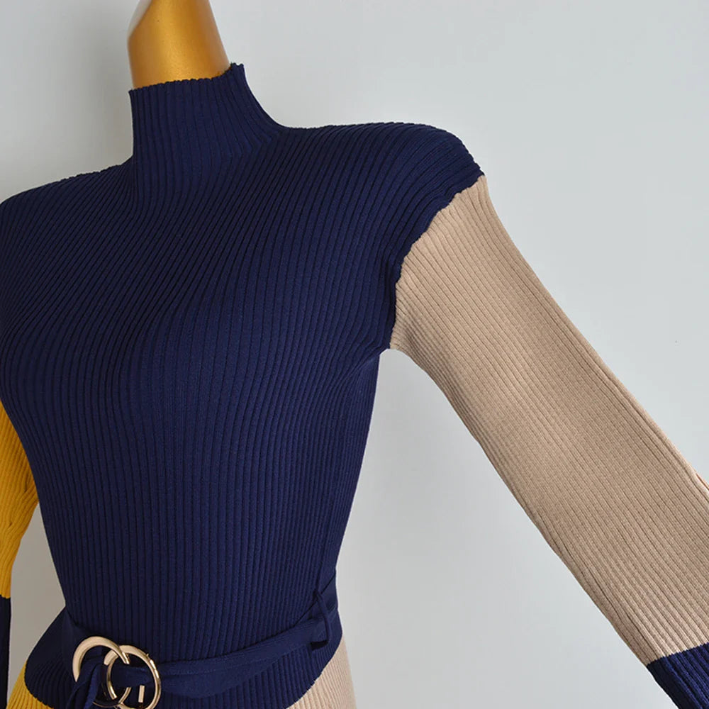 Fall Winter Knit Wrap Dress With Belt Long Sleeve Pencil