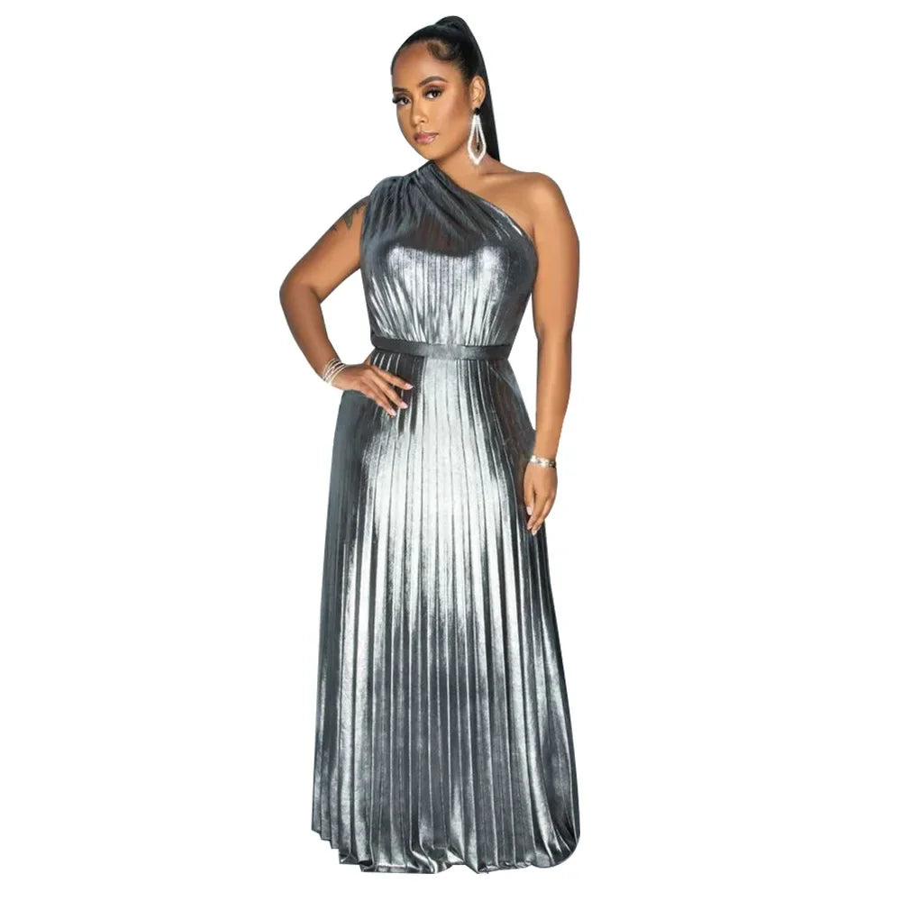 One Shoulder Metallic Pleated Maxi Dress Evening Gown