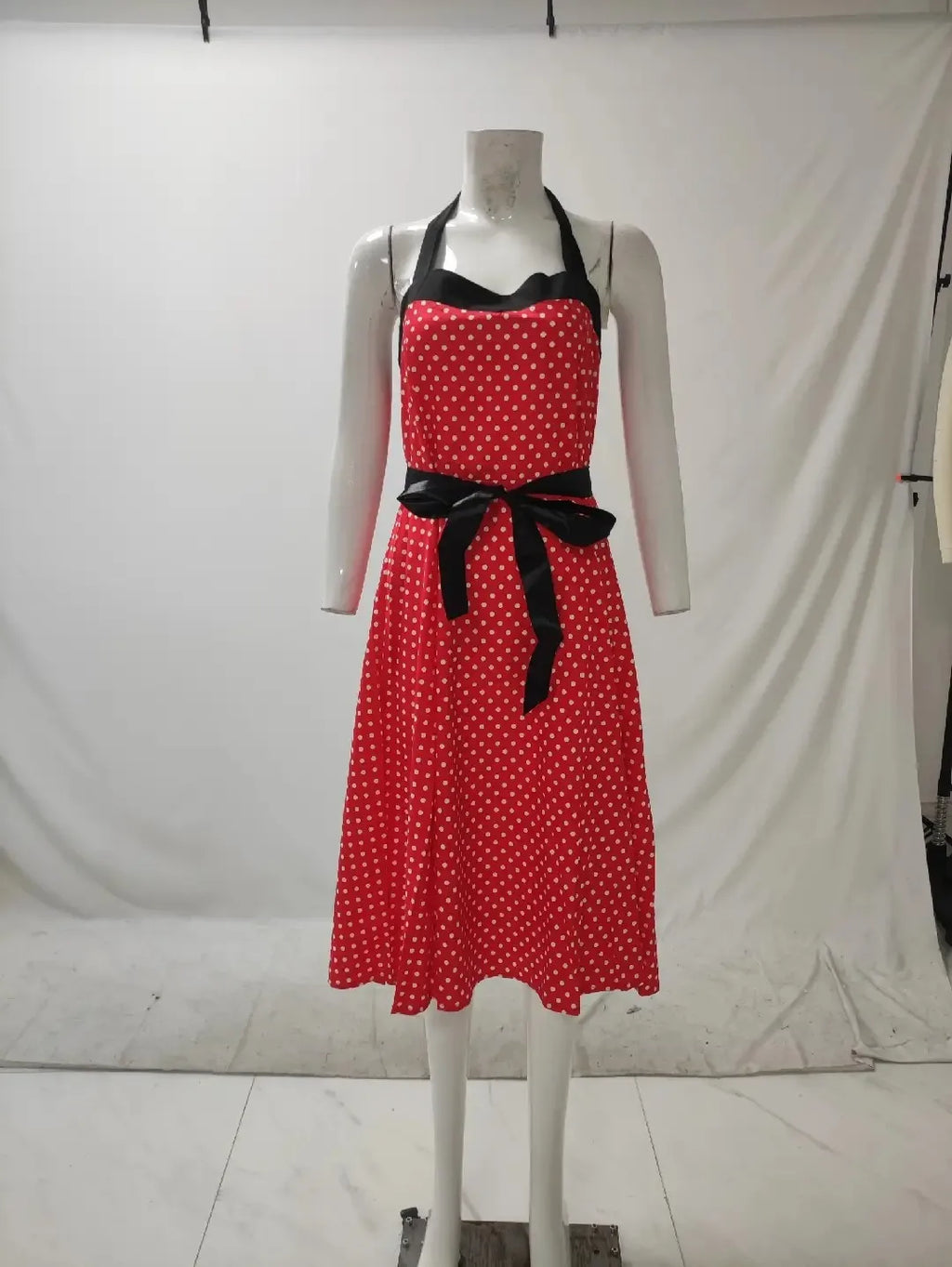 Retro Polka Dot Backless Dress With Lace Up Neckline Swing