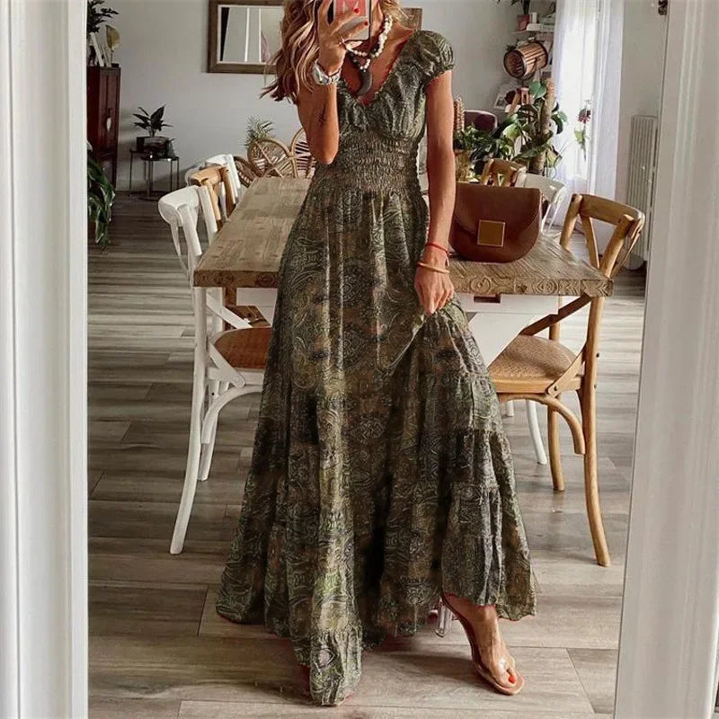 Bohemian Maxi Dress Floral Print Cinched Waist Long