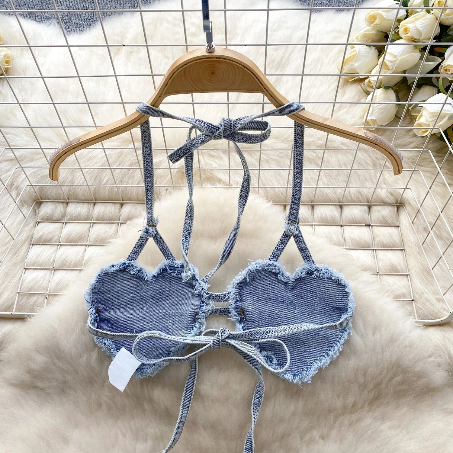Blue Halter Sleeveless Backless Bikini Top with Buttoned Denim Shorts Sexy Vintage Beachwear Set