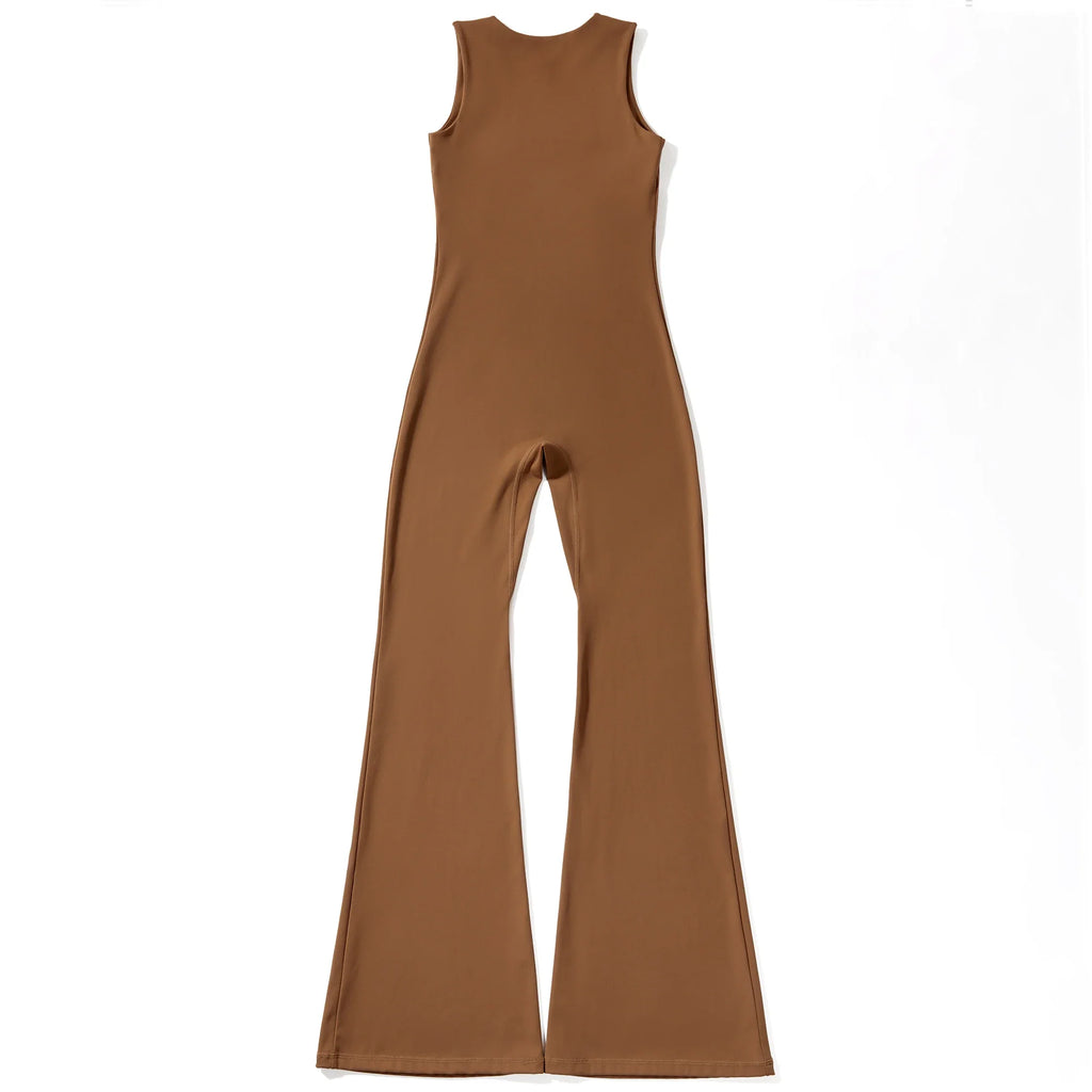 Women's Sleeveless Square Neck Bodysuit with Flared Pants Casual Fitness Jumpsuit Full Season Streetwear Playsuit