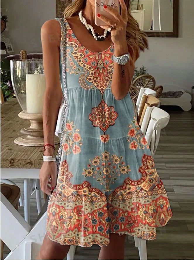 Summer Print Dress Sleeveless V Neck For Women Resort Wear