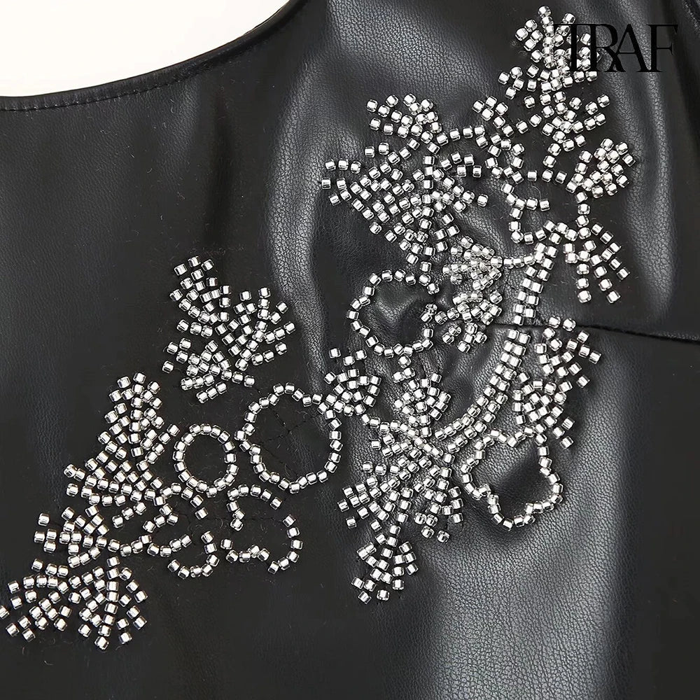 Beaded Dress Faux Leather U Neck Evening Gown For Party