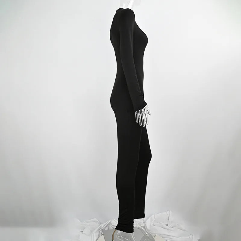 Sexy Black Autumn Long Sleeve Jumpsuit for Women O-Neck Solid Bodycon Skinny Romper Casual Streetwear Fashion Sporty Fit