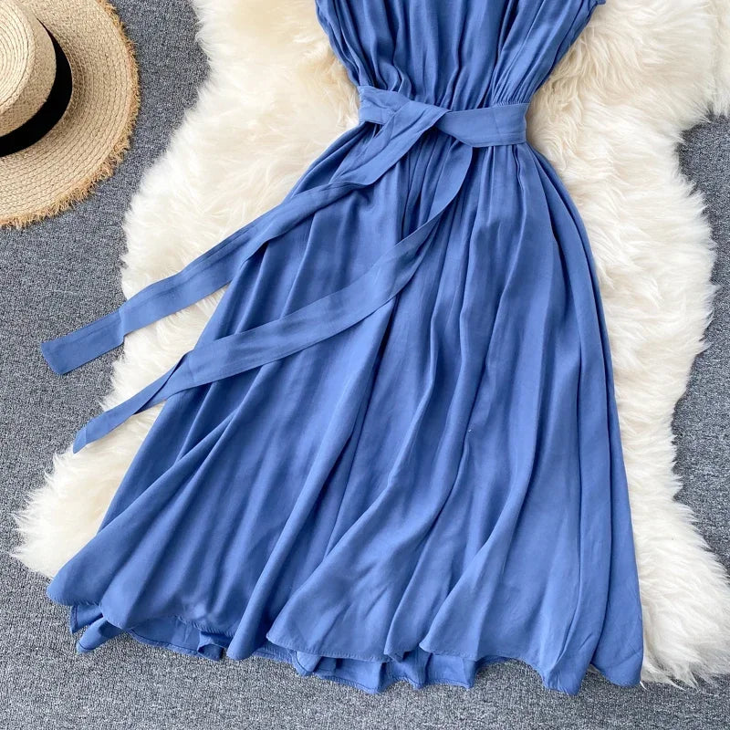 Sleeveless Summer Dress Solid Colors Green Blue Yellow Casual