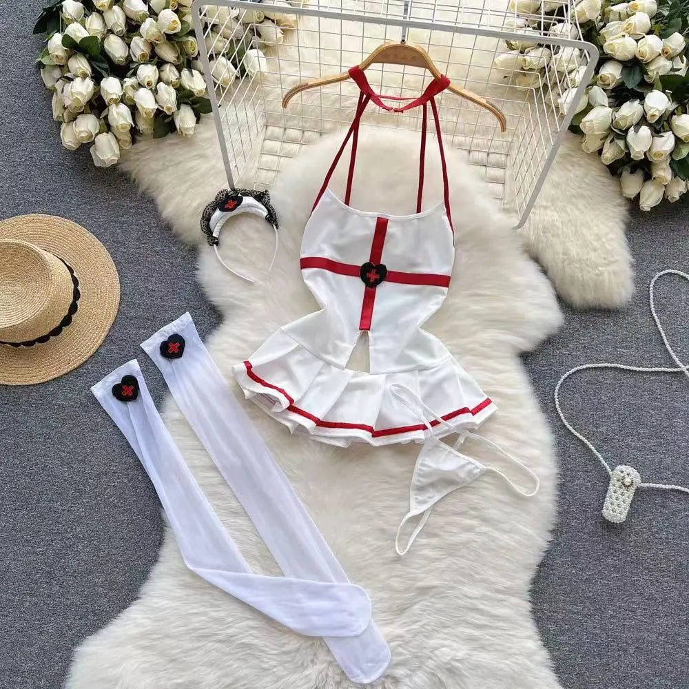 Sexy Nurse Costume Role Play Dress Pleated Sleeveless