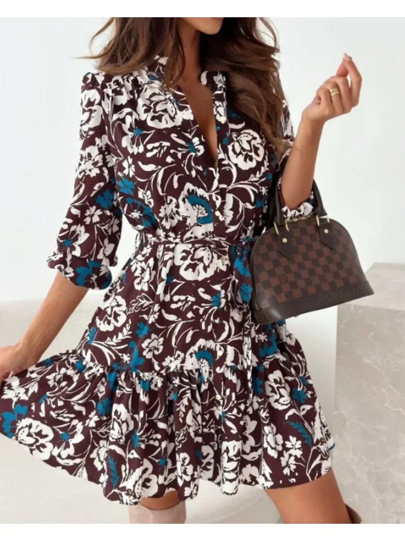 Womens Printed Shirt Dress With Belt Round Neck Long Sleeve