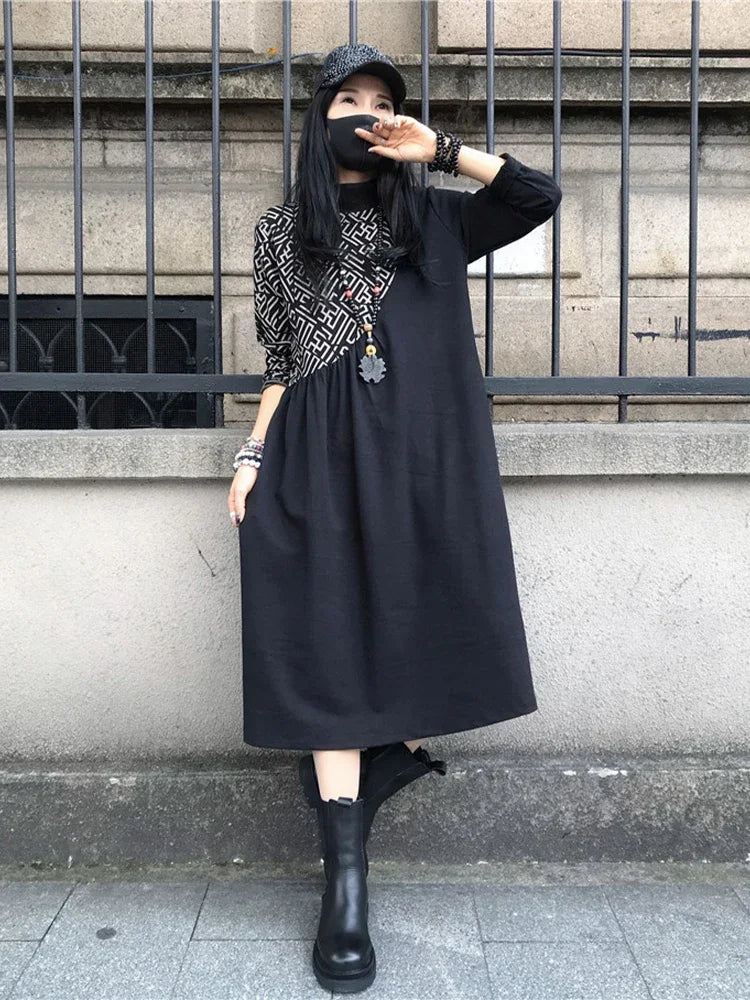 Loose Printed Turtleneck Dress For Women Elegant Casual