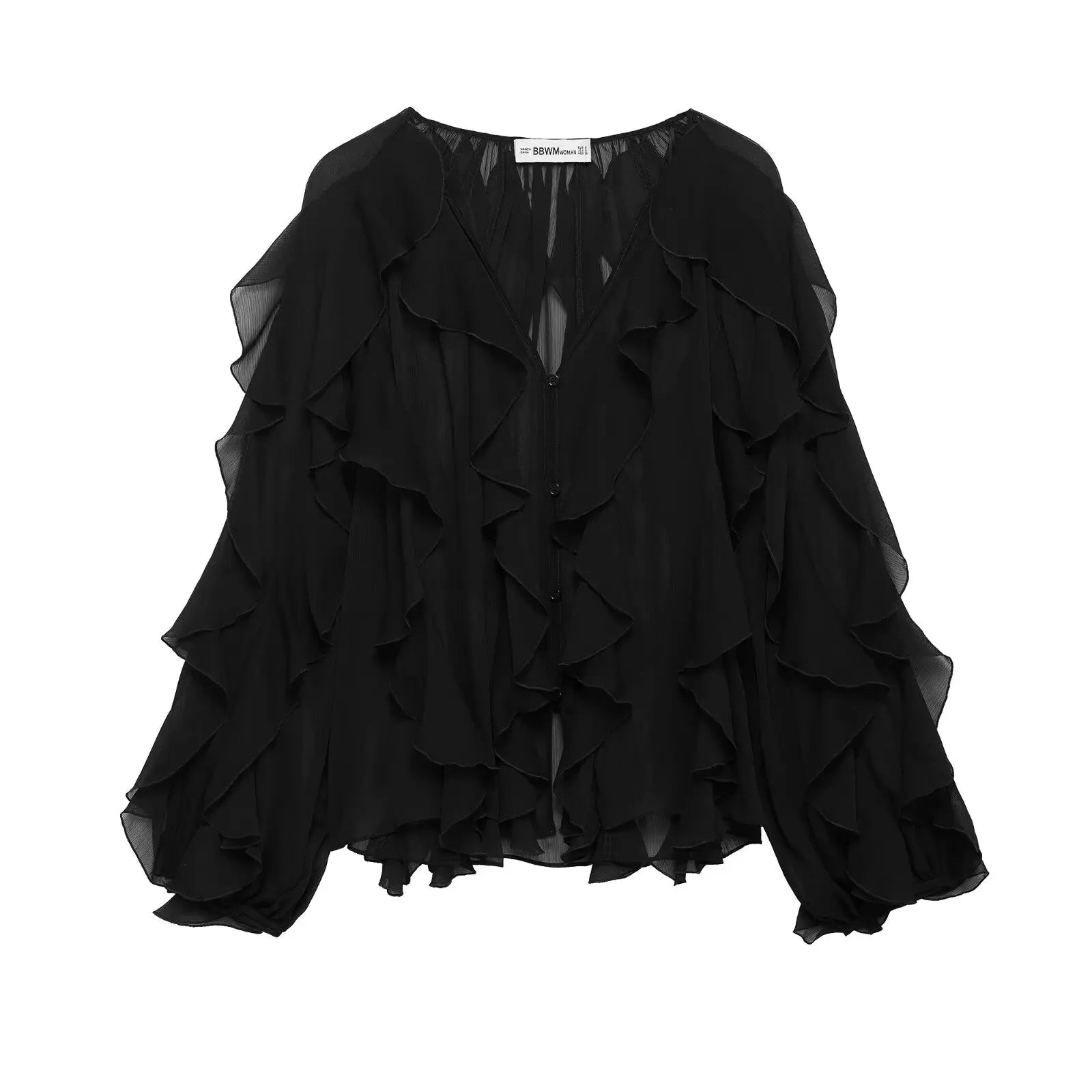 Women's Vintage V-Neck Ruffled Blouse Long Sleeve Solid Color Chic Fashion Top for Ladies