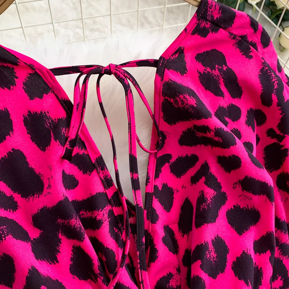 Women's Summer V-Neck Leopard Print Lace-Up Jumpsuit Short Sleeve Loose Fit Playsuit Overalls with Elegant Ruffle Detail