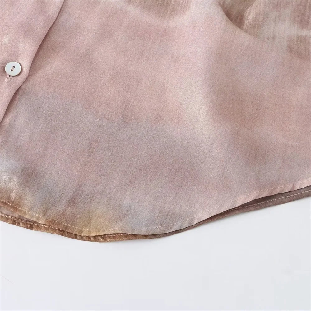 Casual Women's Long Sleeve Collar Shirt with Metal Foil Tie Dye Print Slimming Fashion Top