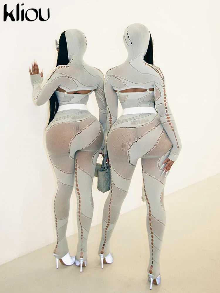 Sexy Mesh Patchwork Sheer Full Sleeve Hoodie Jumpsuit for Women Hipster Body-Shaping Streetwear Overalls