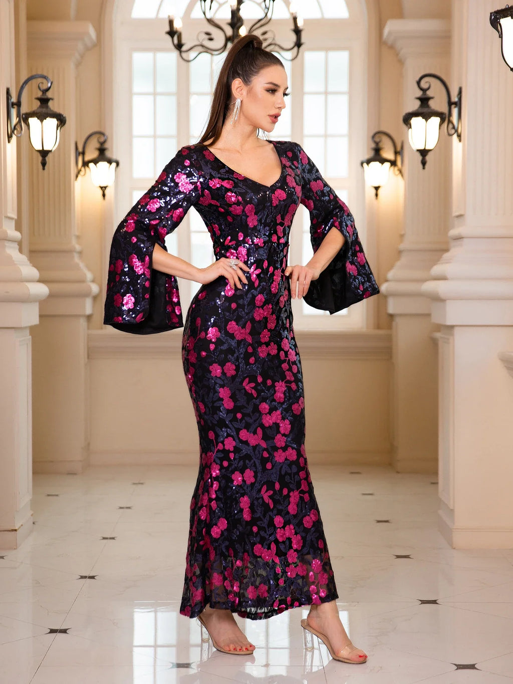 Floral Sequined Maxi Dress With V Neck For Evening Wear