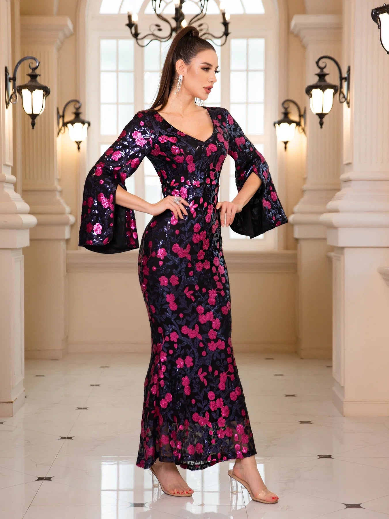 Floral Sequined Maxi Dress With V Neck For Evening Wear
