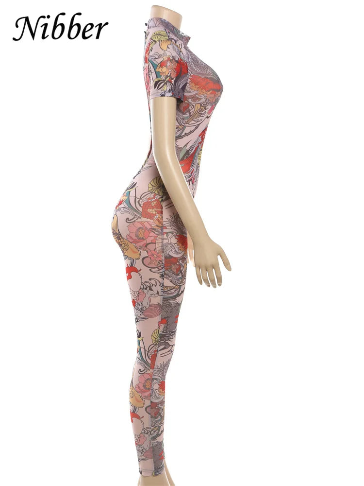 See Through Backless Dragon Print Jumpsuit for Women Short Sleeve Slim Stretch Fitness Workout Overalls Clubwear