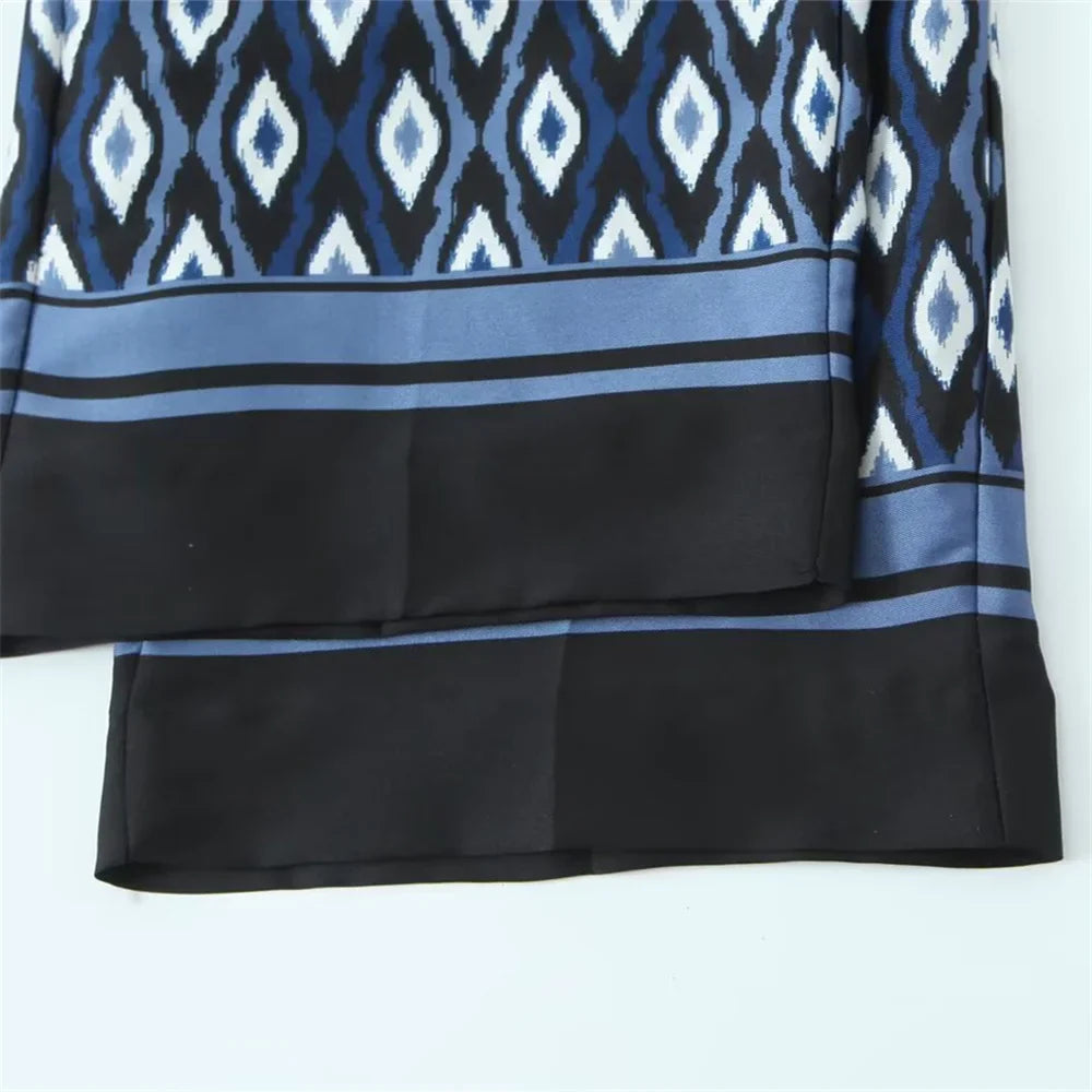 Women's Geometric Pattern Printed Shirt and Pants Set with Long Sleeve Top and Stylish Trousers