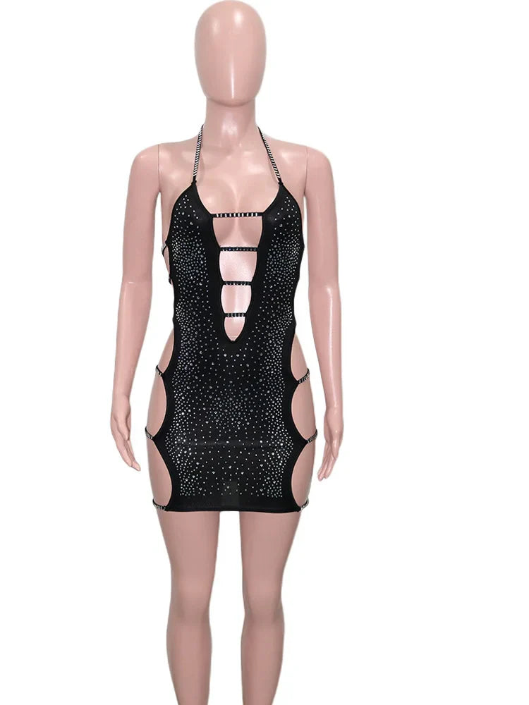 Black Ladder Cutout Sequin Mini Dress With Spaghetti Straps