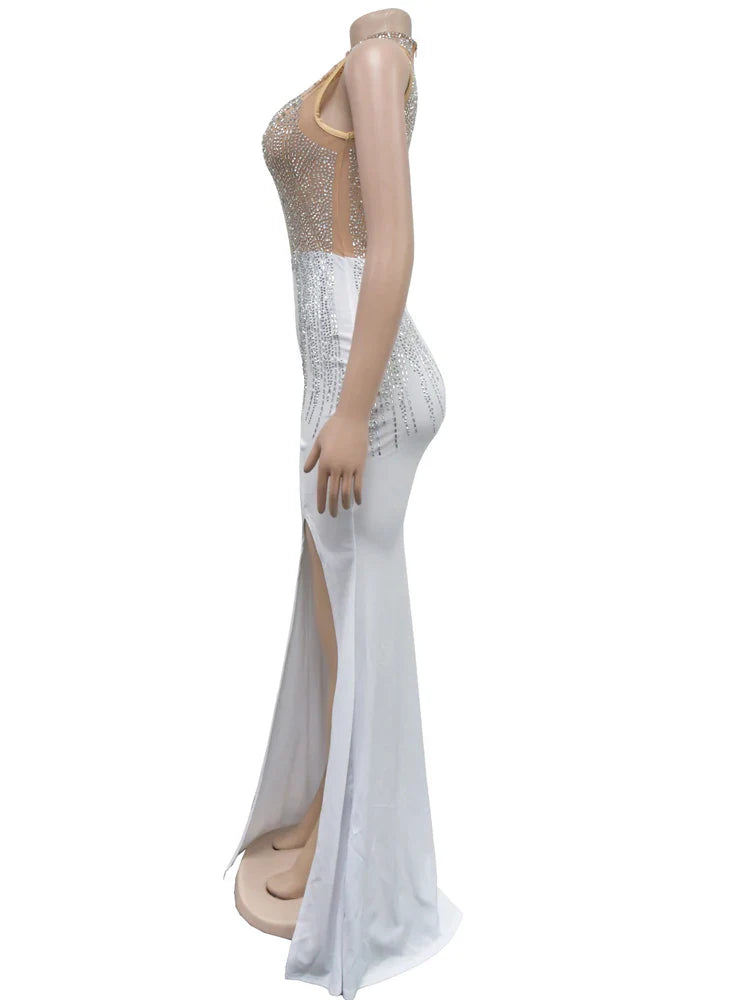 Crystal Mesh Maxi Dress High Split Sleeveless Bodycon