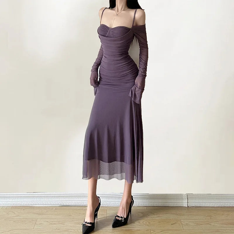 Elegant Long Sleeve Party Dress For Women Solid Color