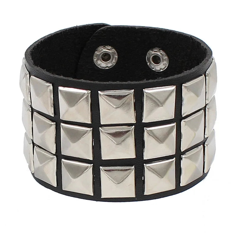 90s Fashion Punk Style Spiked PU Leather Bracelet with Square Studs and Multi-Row Design