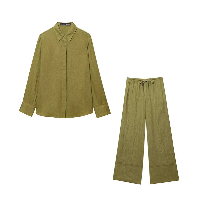 Wide Leg Pants Set for Women Casual Two Piece Outfit with Long Sleeve Shirt and Top