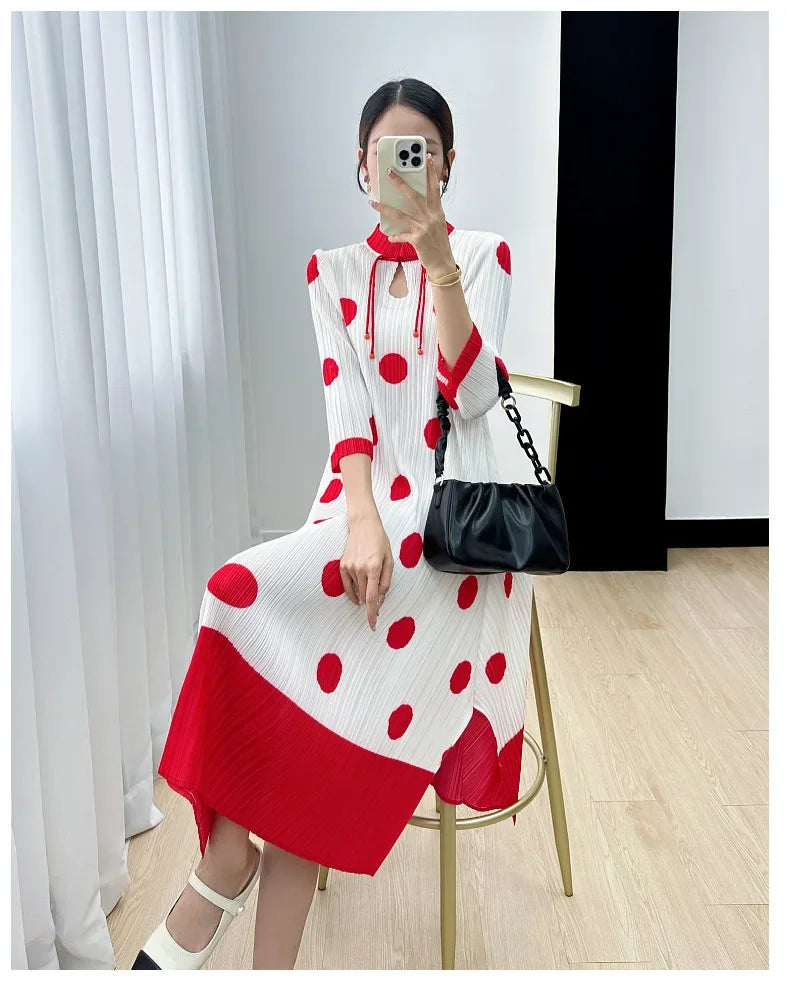 Polka Dot Pleated Dress for Women with Stand Collar