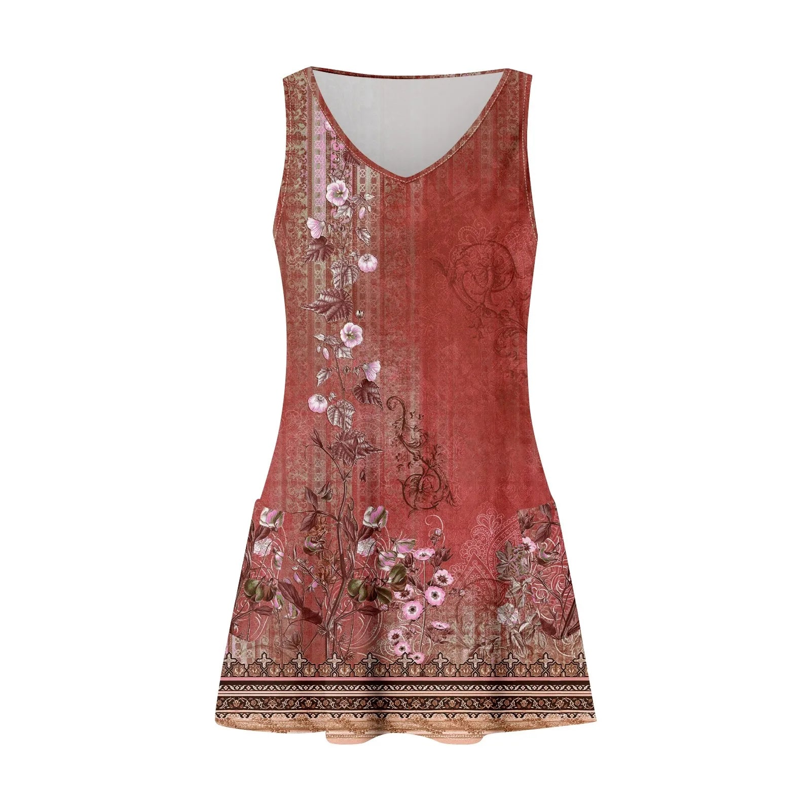Floral Print Beach Dress Sleeveless V Neck Mini With Pockets
