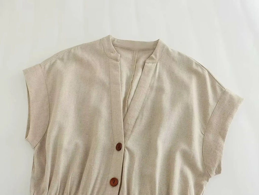 Summer Casual V Neck Sleeveless Linen Blend Jumpsuit Straight Long Holiday Style