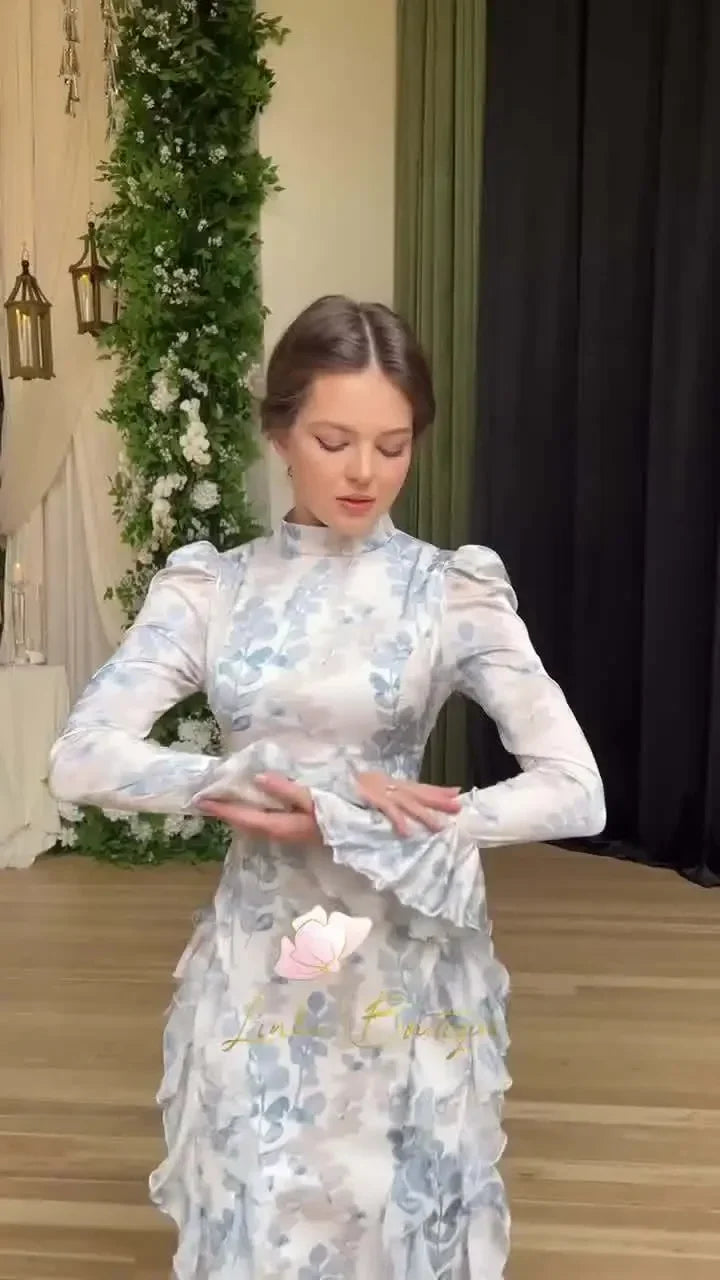 Satin Lace Up Printed Dress Long Sleeve Bodycon Evening Gown