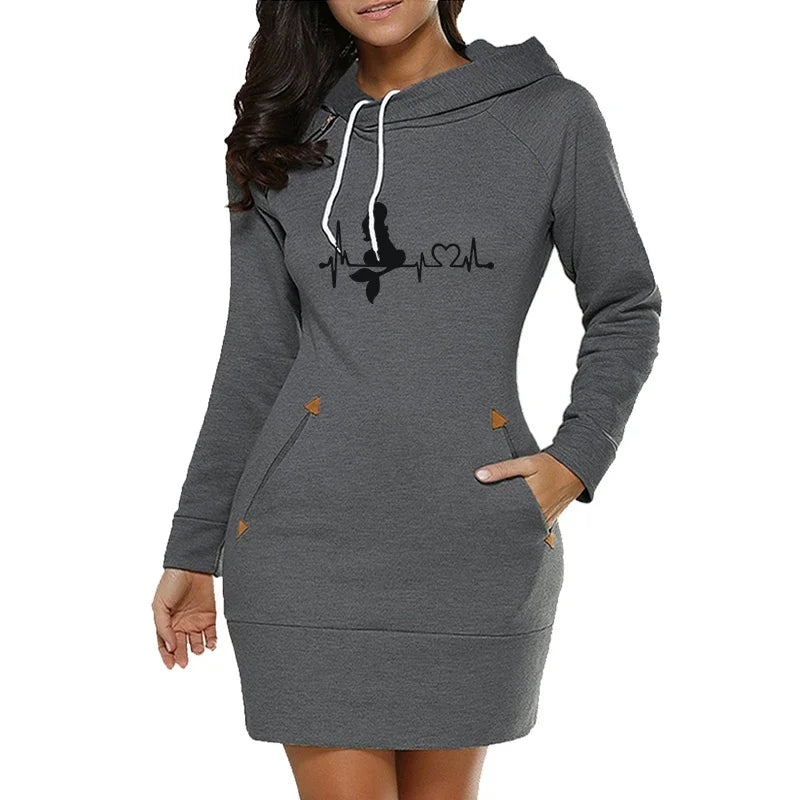 Women's Hooded Fleece Dress With Side Zip Knee Length
