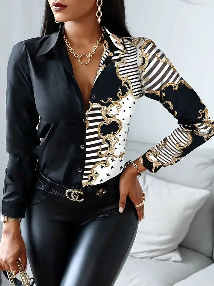 Women's Long Sleeve Blouse with Turn-Down Collar Featuring Chain Floral Letter and Geometric Square Prints