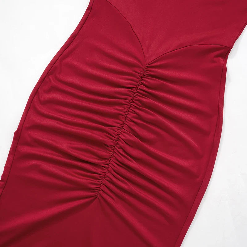 High Collar Pleated Fishtail Dress With Shoulder Pads