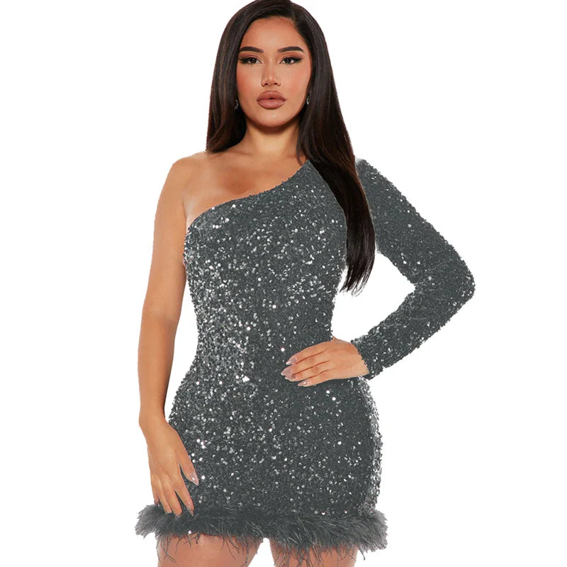 Elegant Off Shoulder Sequin Party Dress Long Sleeve