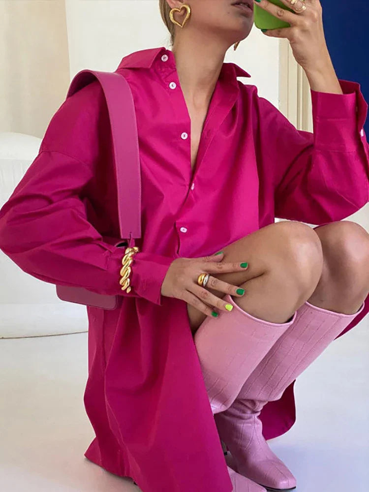 Women's Oversized Cotton Shirt in Candy Colors Long Sleeve Solid Green Blouse Casual Comfortable Stylish Top