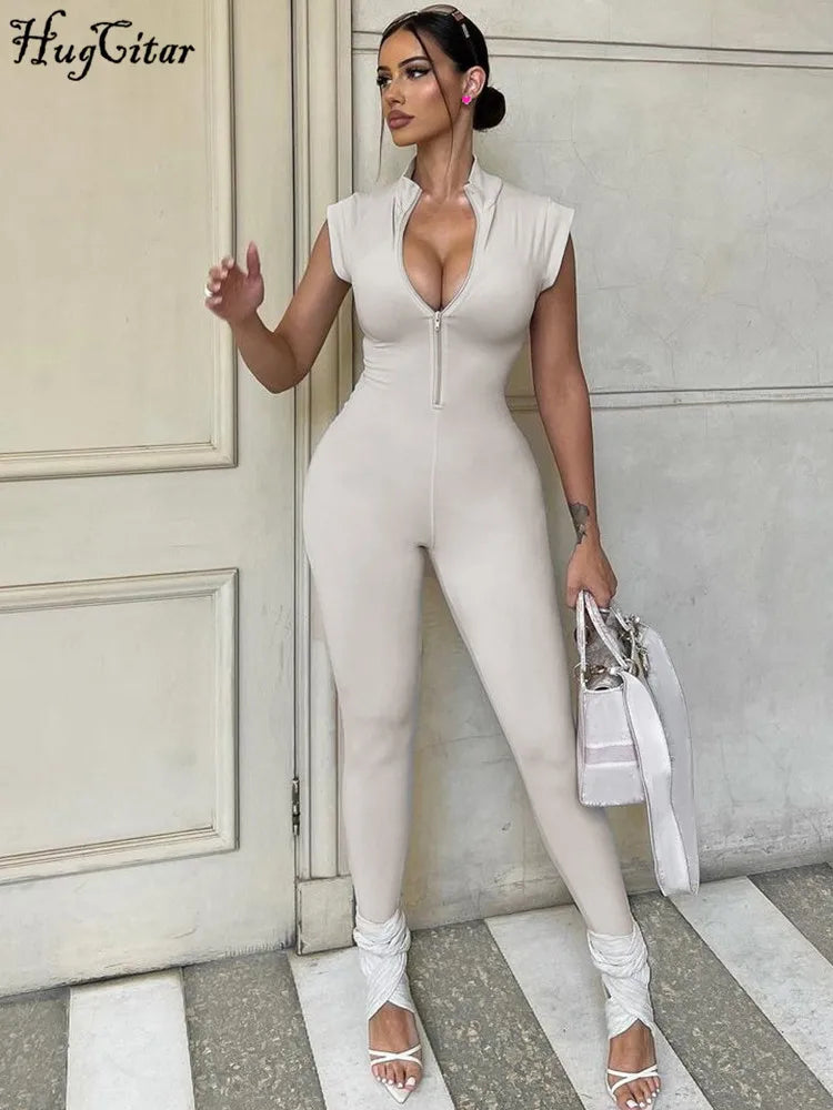 Women's Sleeveless Zipper Neck Sexy Bodycon Jumpsuit One Piece Stylish Summer Streetwear Party Gym Romper Overalls