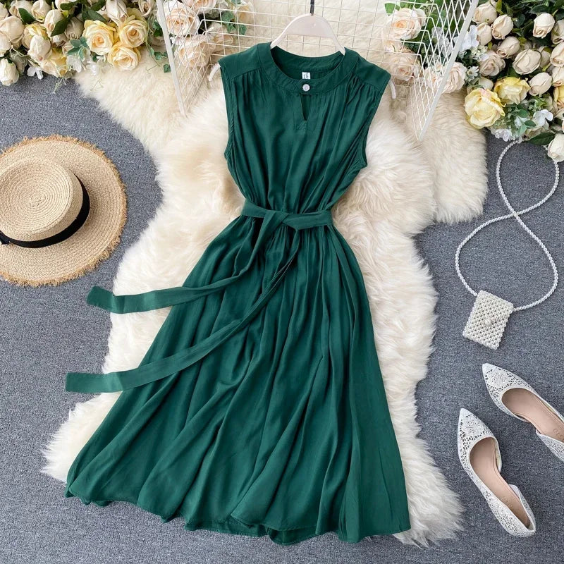 Sleeveless Summer Dress Solid Colors Green Blue Yellow Casual